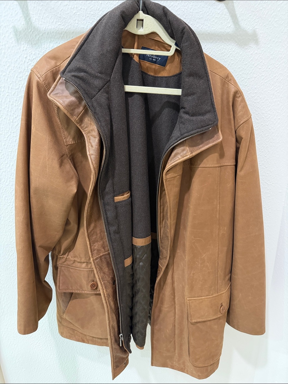 Timberland Men's Tan Leather Jacket with Dark Brown Inner Liner